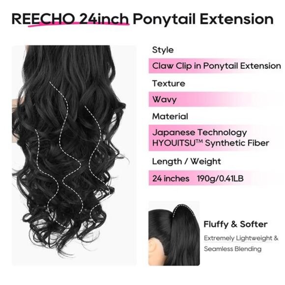 Ponytail Extension, 24" Claw Clip in Ponytail Extensions Long Curly Wavy - Picture 2 of 6